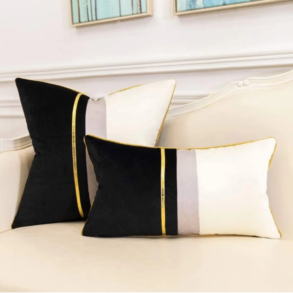 🎉HP Luxury Home | Elegant Black & Ivory Color Blocked Lumbar Throw Pillow Cover